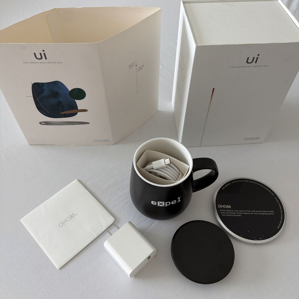 OHOM Ui Ceramic Self-Heating Mug Warmer Kit Inkstone Black Expel Coffee Tea NIB - Picture 4 of 10